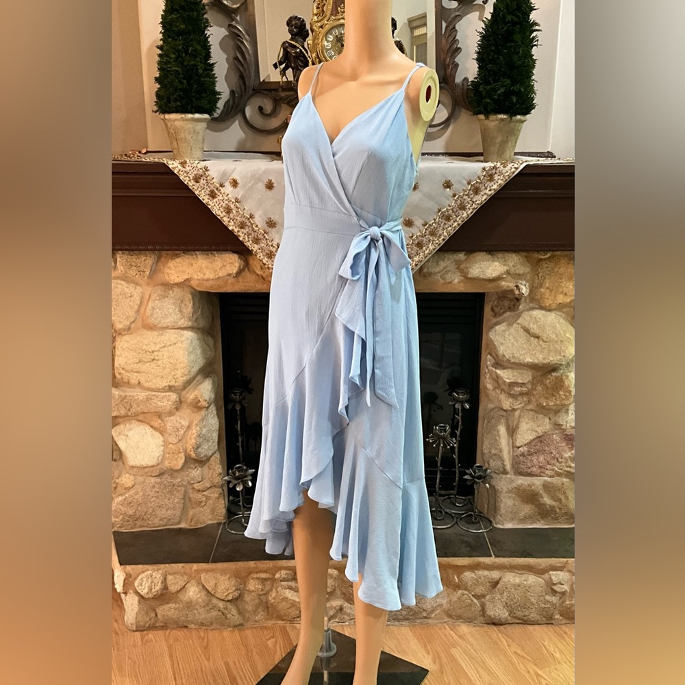 Light blue Favlux midi wrap dress with ruffle hem and tie waist
